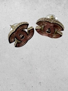 CHANEL Gold & Pink CC Logo Stud Earrings